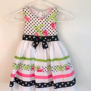 Beautiful Rare Editions white tank dress adorned with tulips and polka dots.